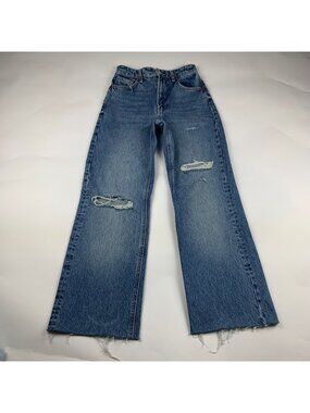 Zara Medium Wash Blue Denim Distressed Wide Leg Raw Hem Jeans 2